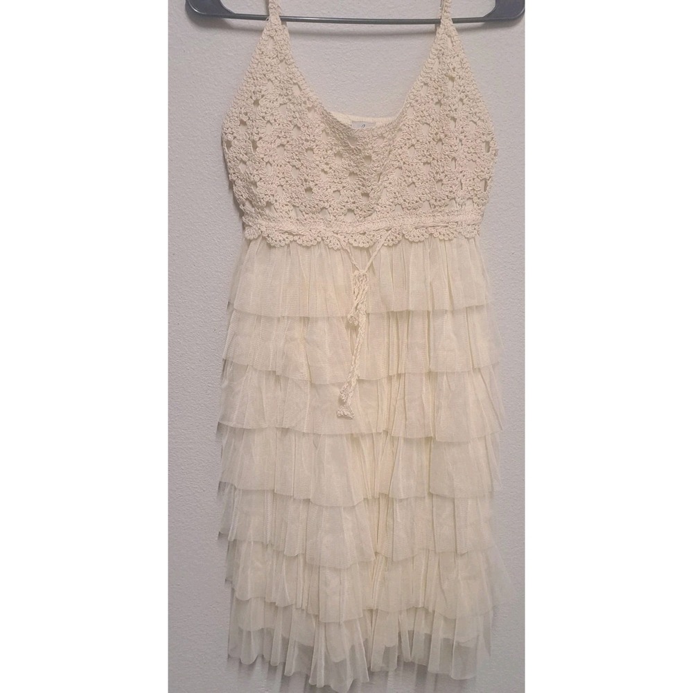 J Gee Cream Lace Ruffle Tiered Mini Dress Boho XL Festival - Picture 2 of 9